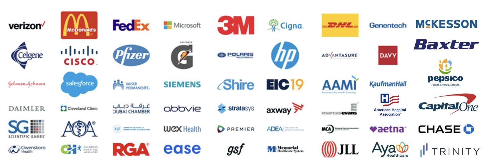 Brands that have worked with LeaderLogic and Nicholas J. Webb, including Verizon, McDonald's, FedEx, Microsoft, 3M, Cigna, DHL, Genentech, McKesson, Pfizer, HP, Salesforce, Kaiser Permanente, Siemens, Johnson and Johnson, Cleveland Clinic, AbbVie, Baxter, Capital One, Chase, Aetna, Pepsico, and more.